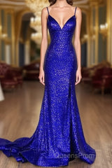 Glitter Royal Blue Sequins Evening Prom Dress Regency Backless Mermaid Formal Dress