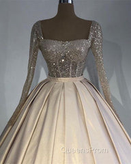 Glitter Sequins Long Sleeves Evening Prom Ball Gown Satin Dress