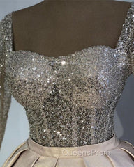 Glitter Sequins Long Sleeves Evening Prom Ball Gown Satin Dress