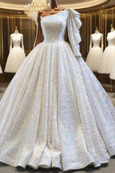 Glitter White Sequin Wedding Dress One Shoulder Ball Gown Quinceanera Dress