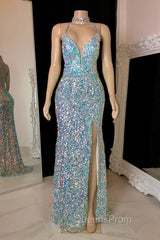 Glittering Spaghetti-Straps Sequins Evening Prom Dress Mermaid Sleeveless With Slit