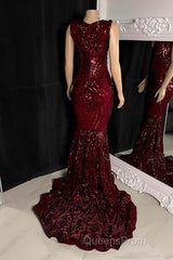 Glittery Long Red Mermaid Sleeveless Evening Prom Dress Sequin