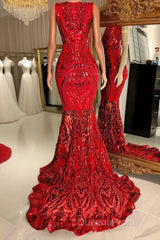 Glittery Long Red Mermaid Sleeveless Evening Prom Dress Sequin