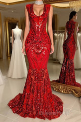 Glittery Long Red Mermaid Sleeveless Evening Prom Dress Sequin