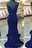 Glittery Mermaid Red Sequin V-Neck Lace-Up Back Evening Prom Dress Gala Gown