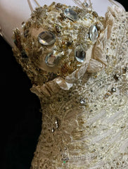 Gold A-Line Spaghetti Strap Satin Lace Long Evening Prom Dress With Beaded Appliques