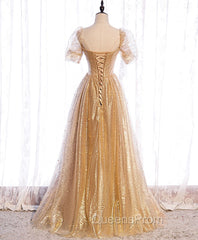 Gold Aline Tulle V Neck Long Evening Prom Dress, Gold Evening Dress