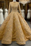 Gold Appliques Sequins High Neck Long Sleeve Evening Prom Dress