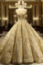Gold Ball Gown Scoop Neck Sequins Backless Haute Couture Wedding Dress