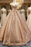 Gold Ball Gown Seuqins Cap Sleeve Long Floor Length Evening Prom Dress