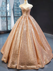 Gold Ball Gown Seuqins Cap Sleeve Long Floor Length Prom Dress