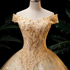Gold Ball Gown Tulle with Lace Applique Formal Dress, Gold Sweet 16 Dress