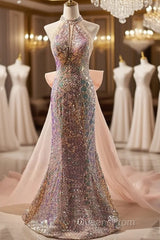 Gold Halter Beading Sequin Mermaid Evening Prom Dress With Detachable Bow