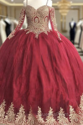 Gold Lace Charro Quinceanera Dress Long Sleeve Off The Shoulder