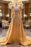 Gold Long Sleeve Beading Evening Prom Dress With Detachable Train