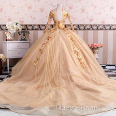 Gold Long Sleeves Wedding Dress Ball Gowns Lace Embroidery
