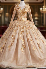 Gold Long Sleeves Wedding Dress Ball Gowns Lace Embroidery