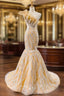 Gold Mermaid Tulle Sequins One Shoulder Long Evening Prom Dress