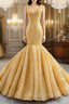 Gold Mermaid V-neck Sequins Pearls Evening Prom Dress