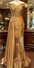 Gold Muslim Evening Dress Mermaid Off The Shoulder Lace Beaded Islamic Dubai Saudi Arabic Long Evening Gown Evening Prom