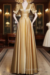 Gold Satin A-Line Short Sleeves Floor Length Party Dress, Gold Simple Formal Dress