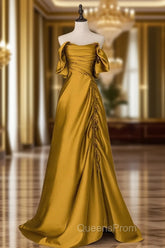 Gold Satin Off Shoulder Long Evening Dress, Gold Satin Evening Prom Dress