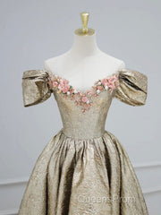 Gold Satin V-Neck Long Evening Prom Dress With Flowers, Off The Shoulder A-Line Formal Dress