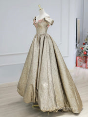 Gold Satin V-Neck Long Evening Prom Dress With Flowers, Off The Shoulder A-Line Formal Dress