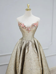 Gold Satin V-Neck Long Evening Prom Dress With Flowers, Off The Shoulder A-Line Formal Dress