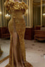 Gold Sequin Mermaid Strapless Split Evening Prom Dress