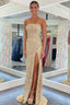 Gold Sequin Strapless Backless Mermaid Long Classy Prom Dress With Slit