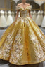Gold Sequins Ball Gown Appliques Evening Prom Dress