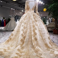 Gold Sequins Ball Gown Wedding Dress Long Sleeves Open Back