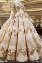 Gold Sequins Ball Gown Wedding Dress Long Sleeves Open Back