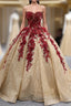 Gold Sequins Burgundy Appliques Strapless Evening Prom Dress
