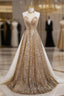 Gold Sequins Halter Backless Beading Evening Prom Dress