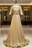 Gold Sequins Short Sleeve Evening Prom Dress With Belt