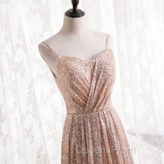 Gold Sequins Sweetheart Simple Spaghetti Straps Long Party Dress, Sequins Evening Prom Dress Bridesmaid Dress