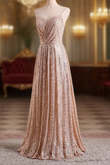 Gold Sequins Sweetheart Simple Spaghetti Straps Long Party Dress, Sequins Evening Prom Dress Bridesmaid Dress