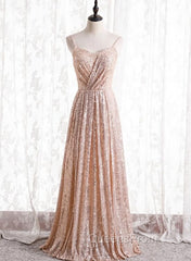 Gold Sequins Sweetheart Simple Spaghetti Straps Long Party Dress, Sequins Evening Prom Dress Bridesmaid Dress