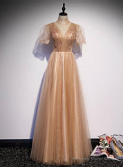 Gold Tulle High Neck Short Sleeve Beading Prom Dress