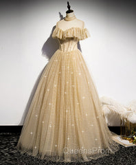 Gold Tulle Lace Long Evening Prom Dress Gold Sweet 16 Dress