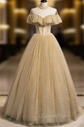 Gold Tulle Lace Long Evening Prom Dress Gold Sweet 16 Dress