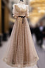 Gold Tulle Long Evening Prom Dress, A line Gold Evening Graduation Party Dress