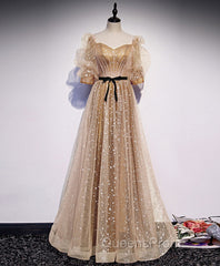 Gold Tulle Long Evening Prom Dress, A line Gold Evening Graduation Party Dress