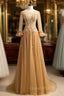 Gold Tulle Long Sleeve Backless Beading Evening Prom Dress