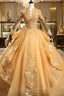 Gold Tulle Long Sleeves Lace Applique Formal Dress, Ball Gown Sweet 16 Dress