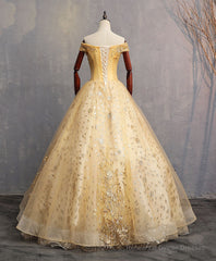Gold Tulle Off Shoulder Lace Long Prom Dress Tulle Formal Dress