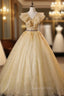 Gold Tulle Sequins Appliques V-neck Quinceanera Dress