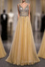 Gold Tulle Sequins Beading V-neck Backless Evening Prom Dress